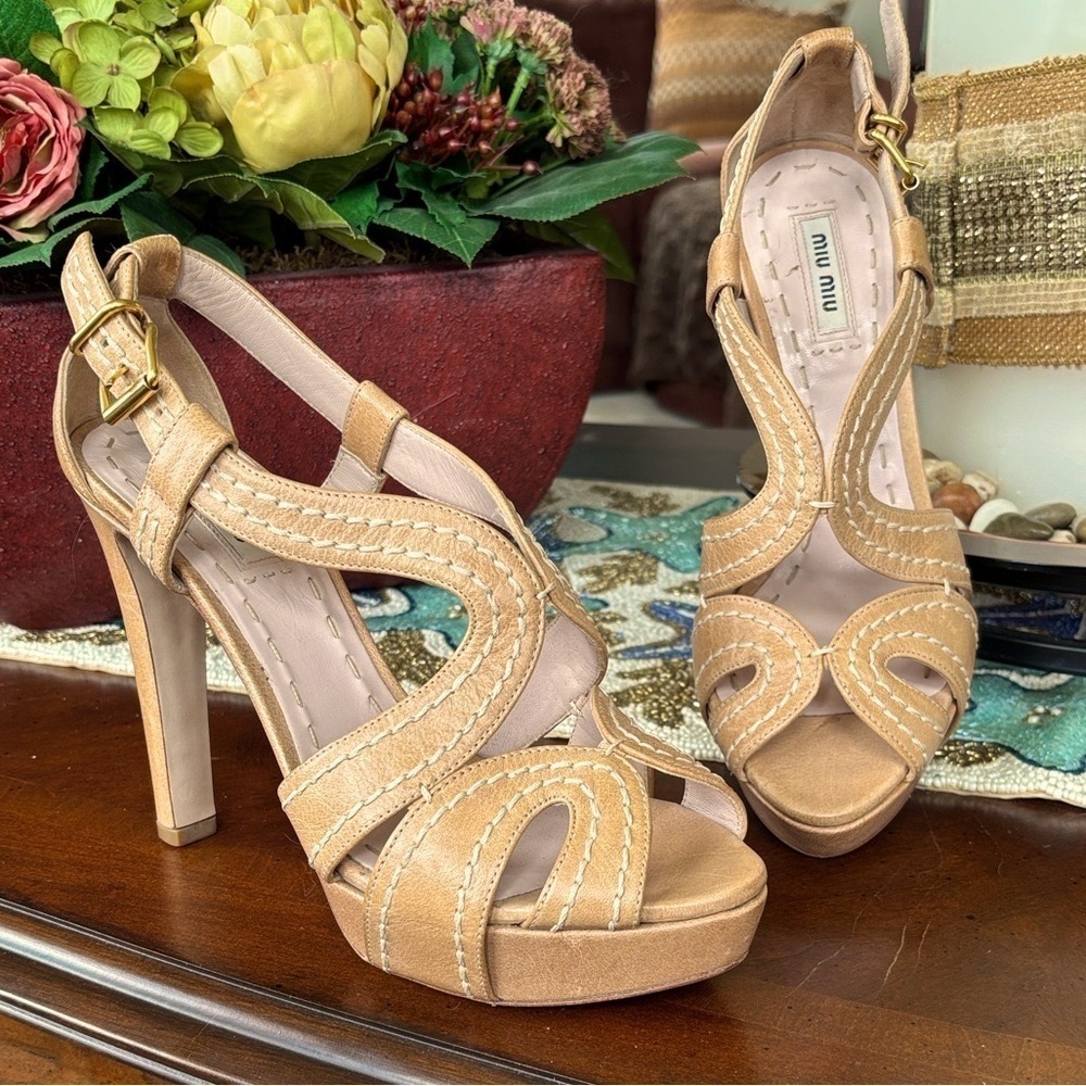 MIU MIU Leather Platform High Heels Neutral Tan Stitched Peep Toe Slingback